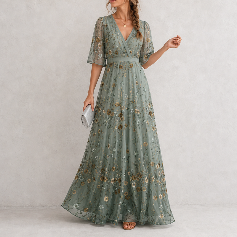 Getaria Floral Embroidered Maxi Dress in Sage Green