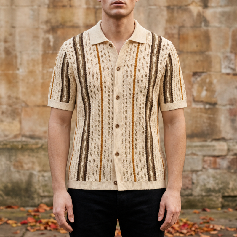 Gijon Striped Knit Polo in Cream