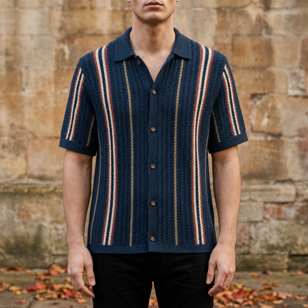 Gijon Striped Knit Polo in Blue