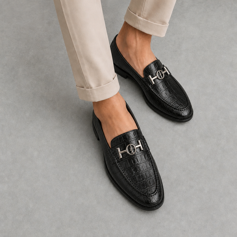 Hondarribia Croc Leather Loafers in Black