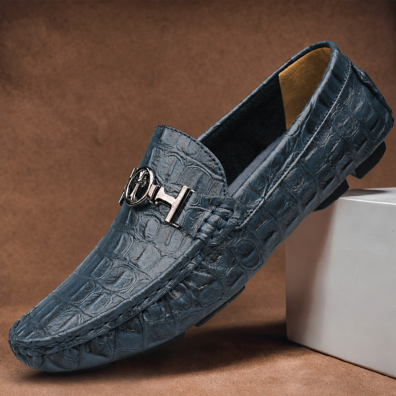 Hondarribia Croc Leather Loafers in Blue