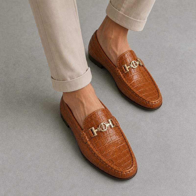 Hondarribia Croc Leather Loafers in Brown
