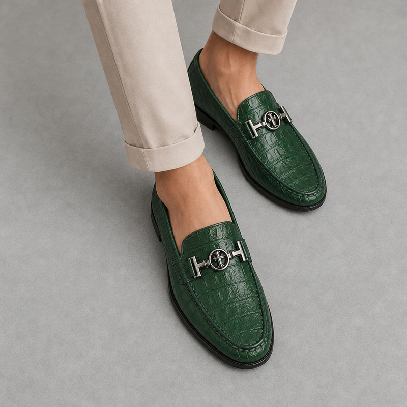 Hondarribia Croc Leather Loafers in Green