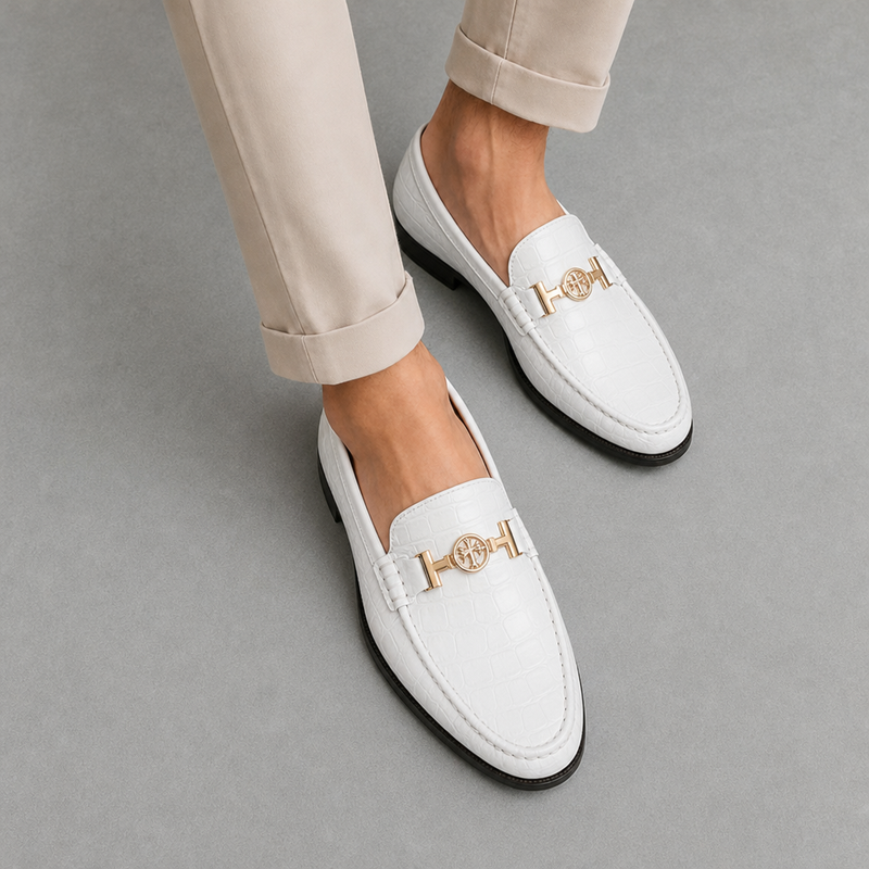 Hondarribia Croc Leather Loafers in White