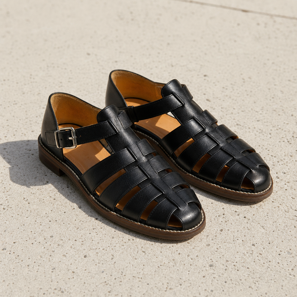 Hyeres Leather Fisherman Sandals in Black