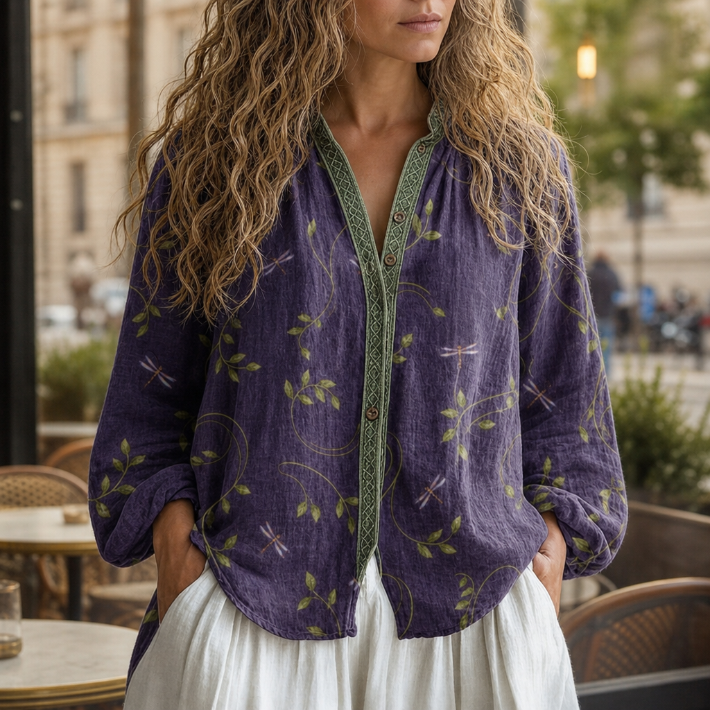 Ios Vintage Leaf Print Blouse in Purple