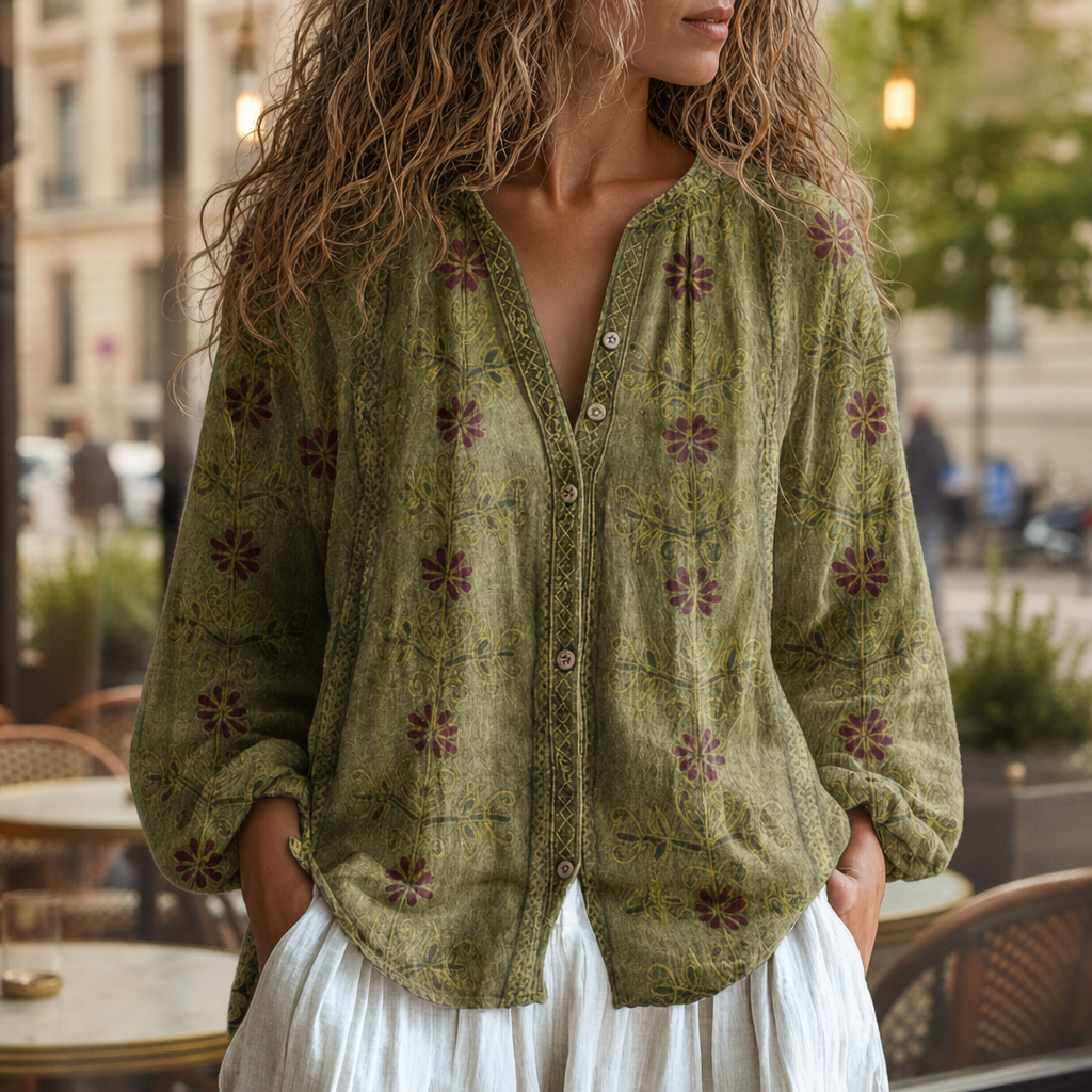 Ios Vintage Leaf Print Blouse in Green