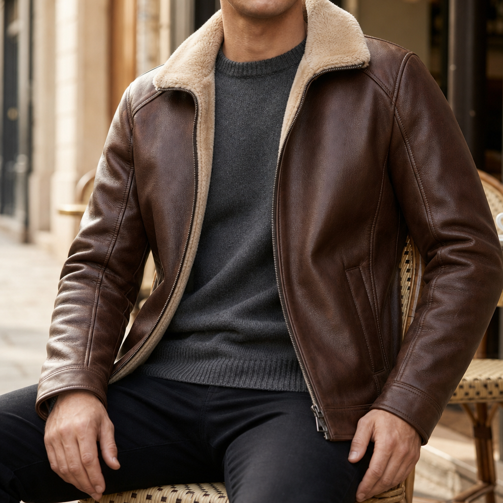 Kakopetria Shearling Lined Leather Jacket in Brown