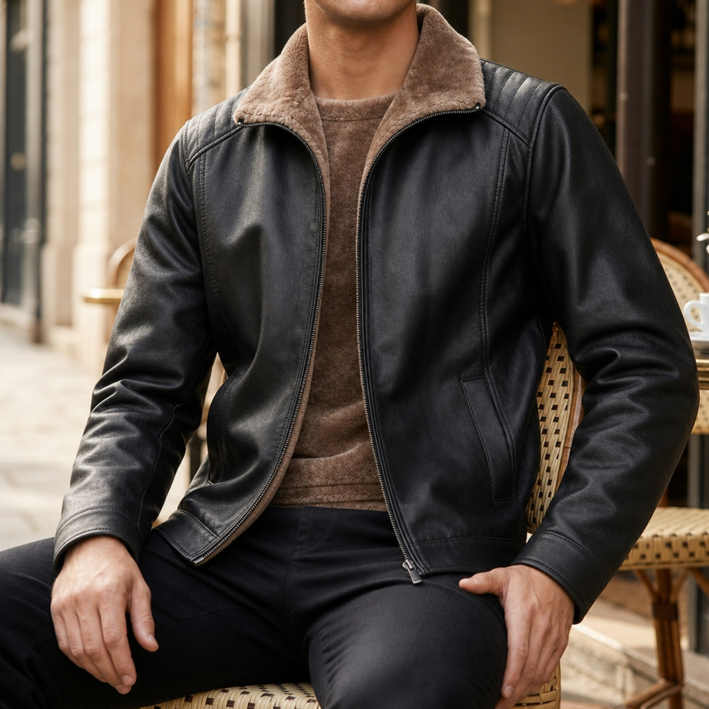 Kakopetria Shearling Lined Leather Jacket in Black