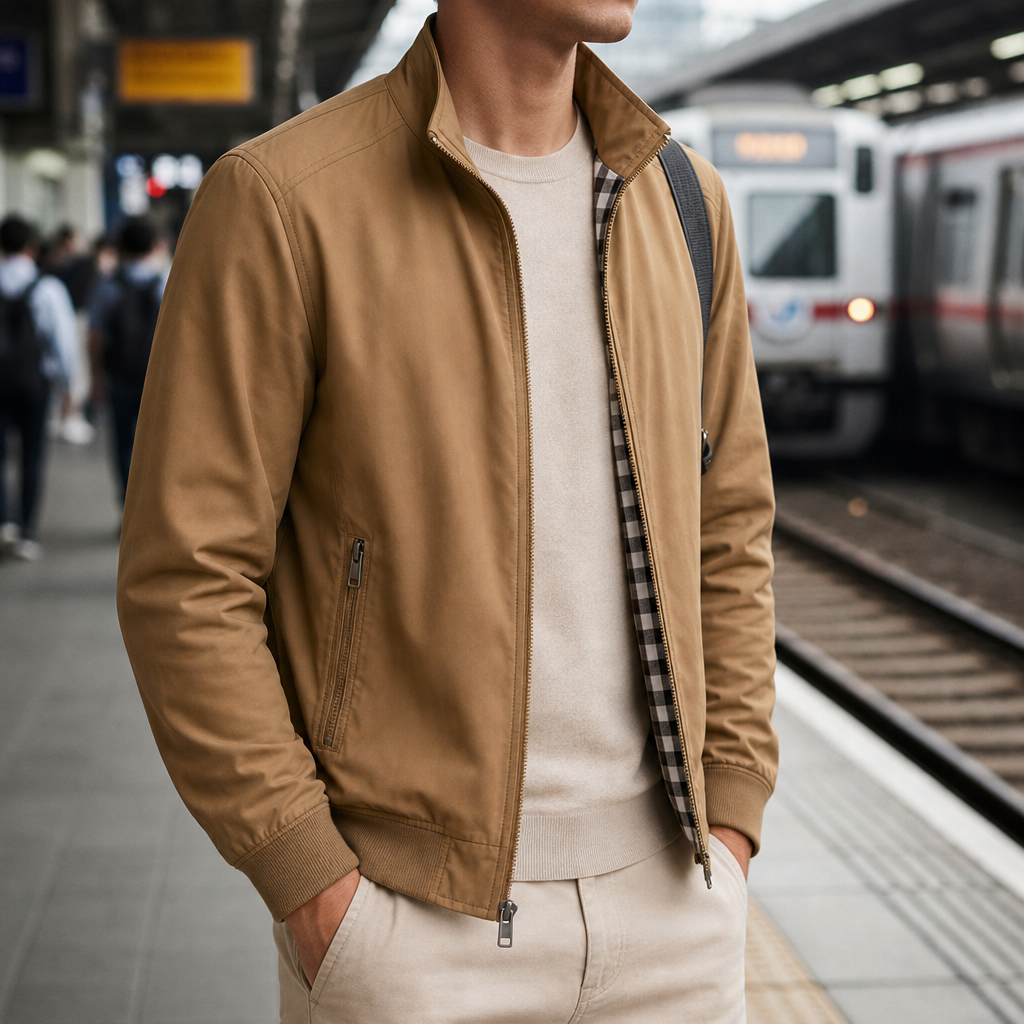 Kefalonia Stand Collar Bomber Jacket in Brown