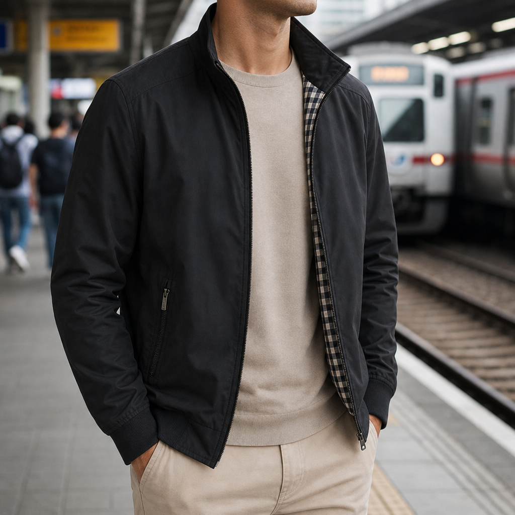 Kefalonia Stand Collar Bomber Jacket in Black