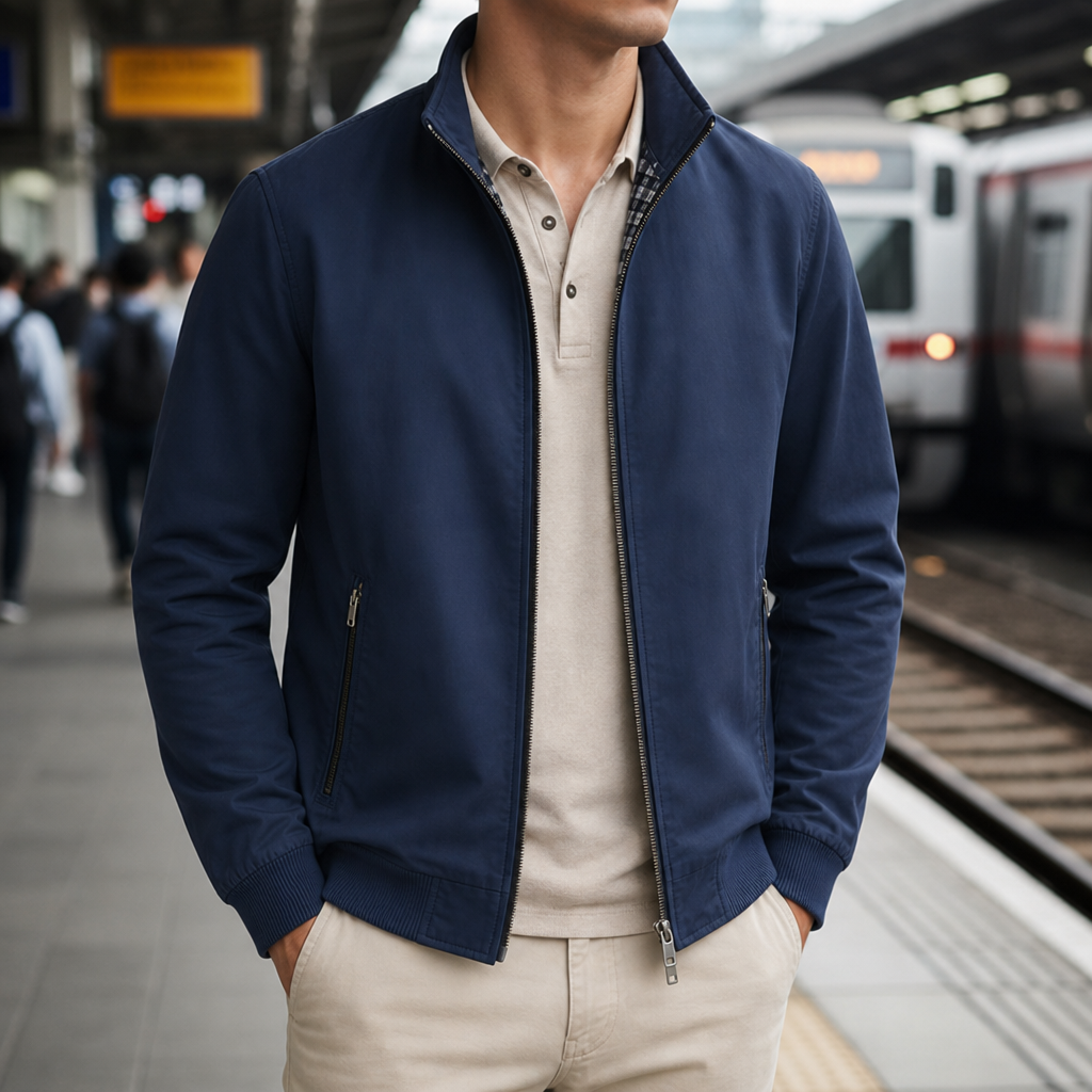 Kefalonia Stand Collar Bomber Jacket in Navy