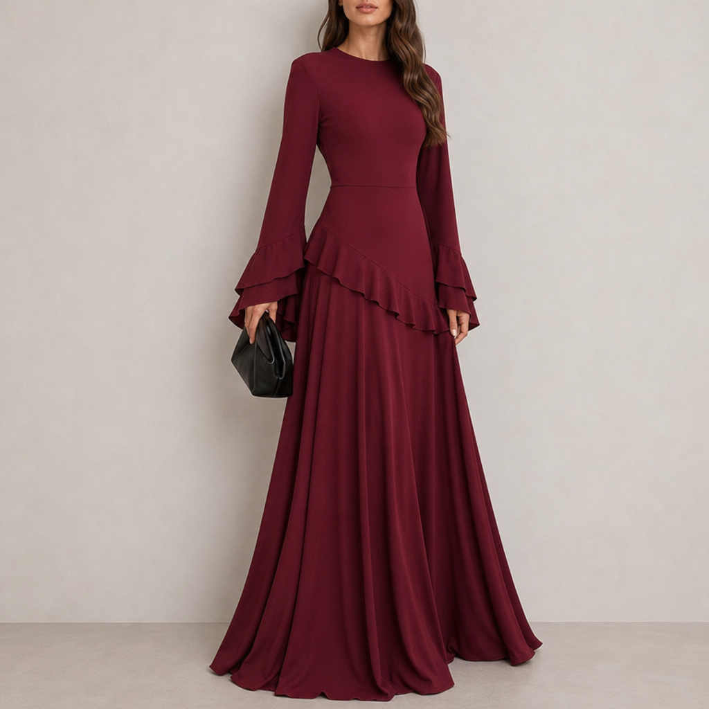 Korcula Ruffle Flared Sleeve Maxi Dress in Bordeaux