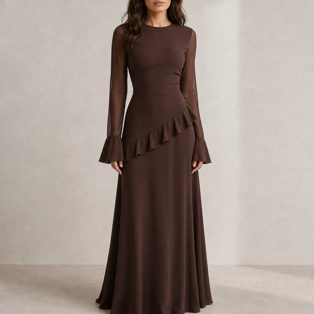 Korcula Ruffle Flared Sleeve Maxi Dress in Espresso