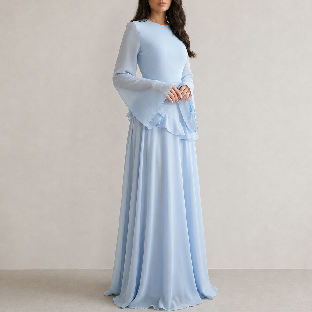 Korcula Ruffle Flared Sleeve Maxi Dress in Light Blue