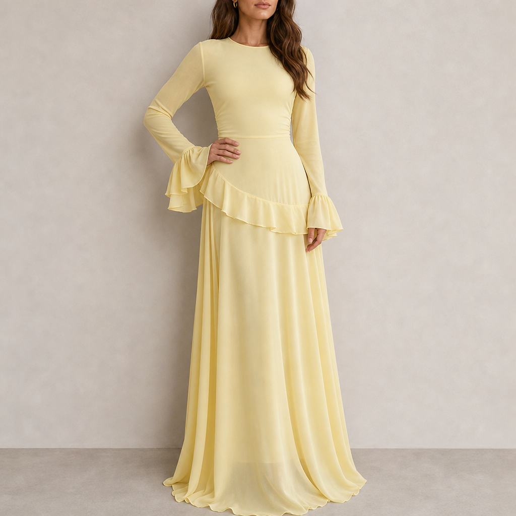 Korcula Ruffle Flared Sleeve Maxi Dress in Light Yellow