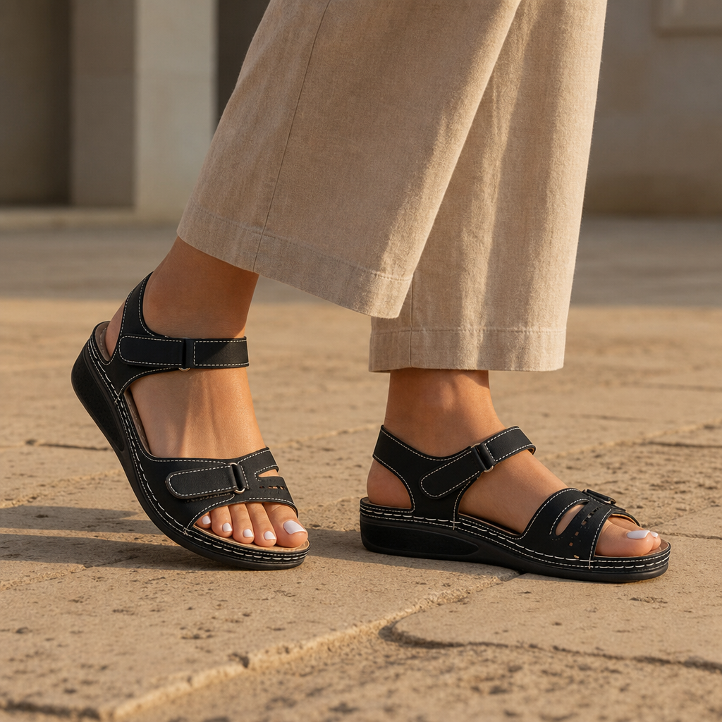 Kythnos Orthopedic Velcro Sandals in Black