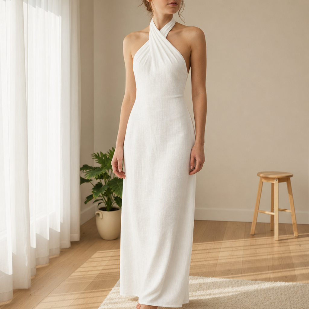 Lamego Linen Halter Maxi Dress in White