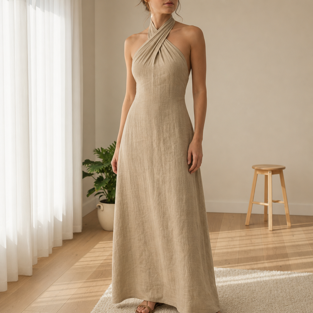 Lamego Linen Halter Maxi Dress in Khaki