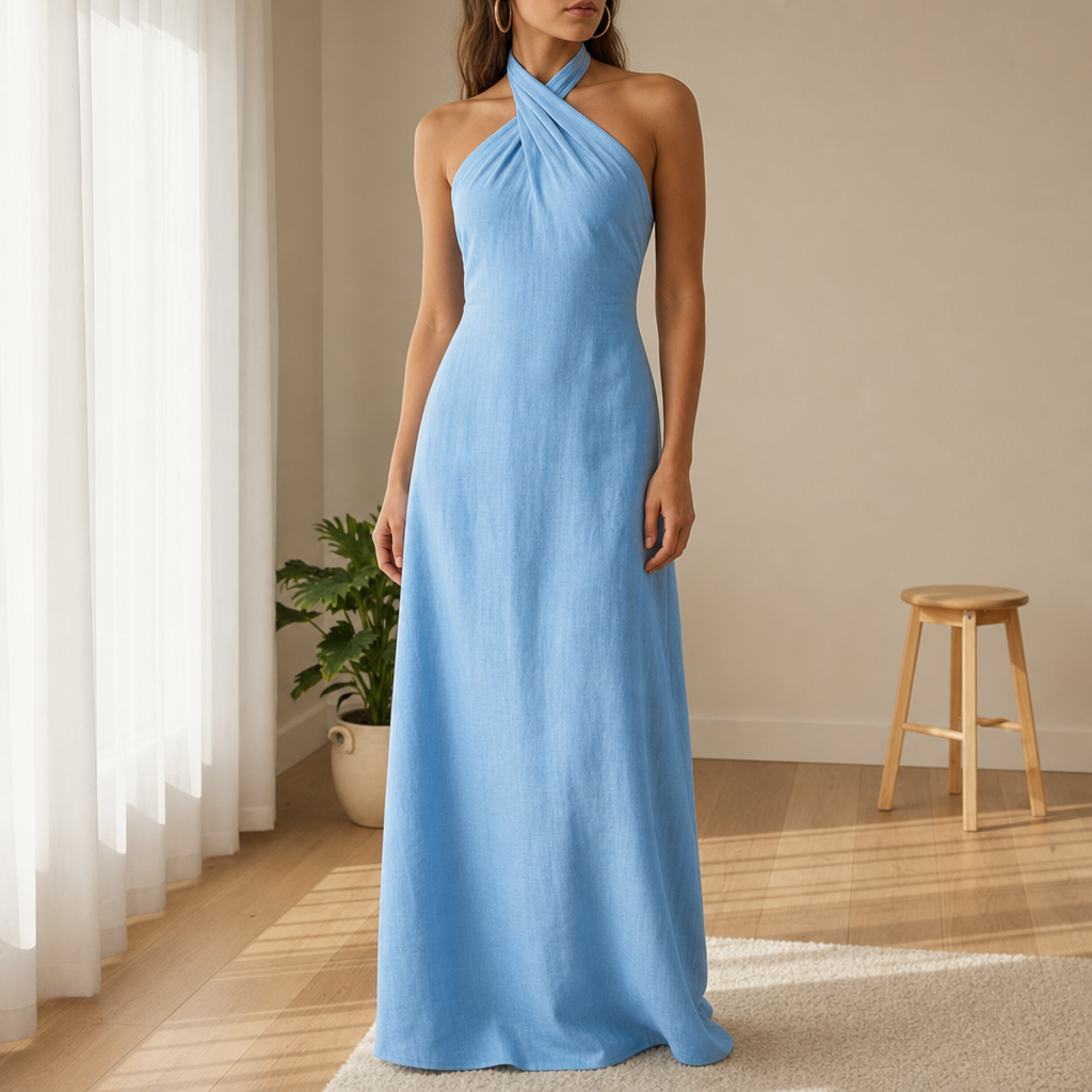 Lamego Linen Halter Maxi Dress in Sky