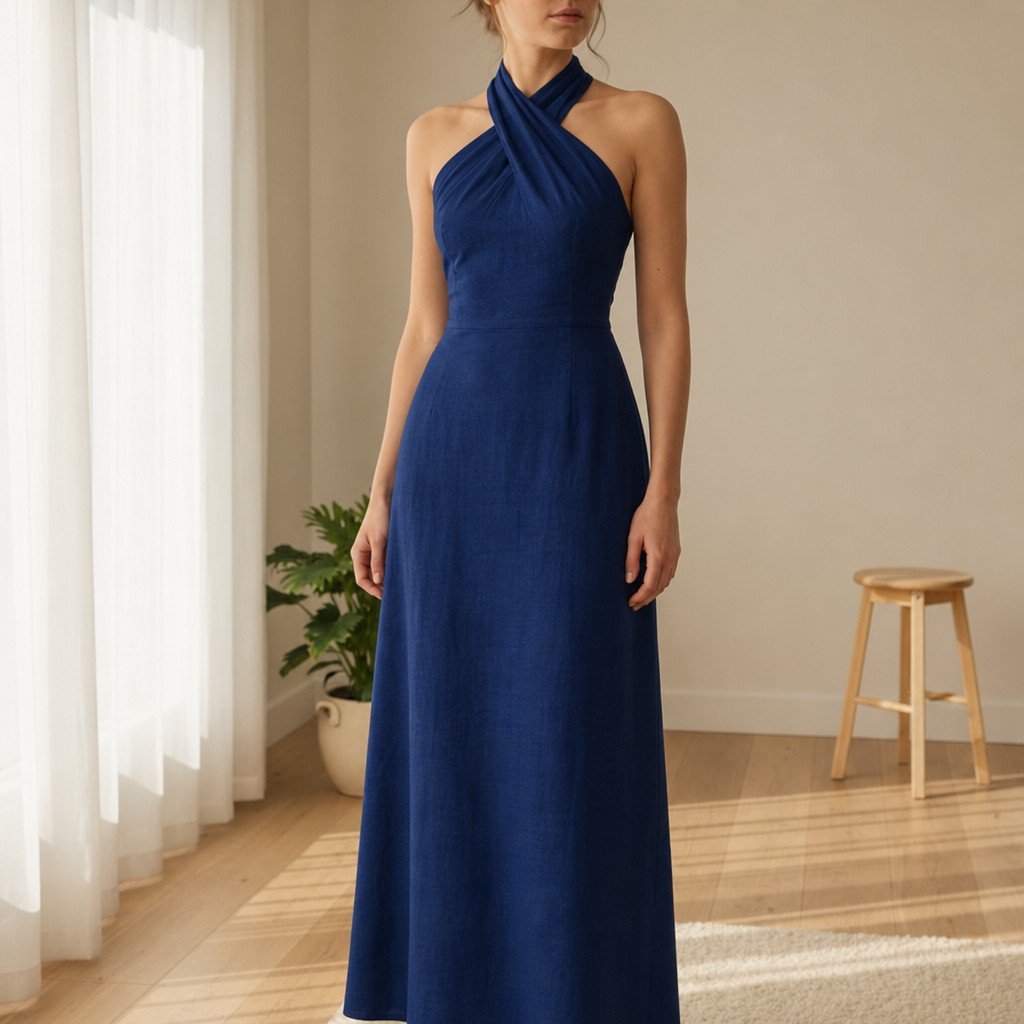 Lamego Linen Halter Maxi Dress in Navy