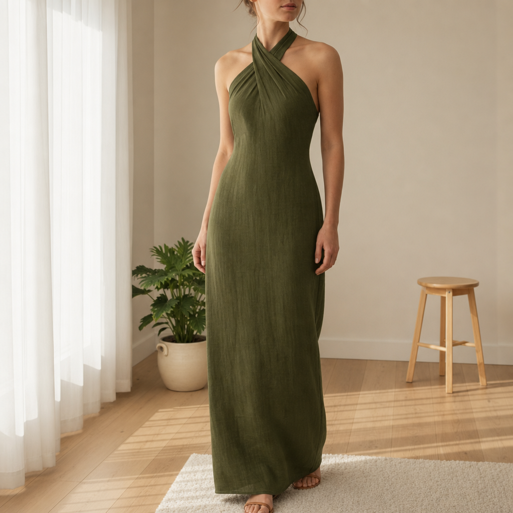 Lamego Linen Halter Maxi Dress in Olive