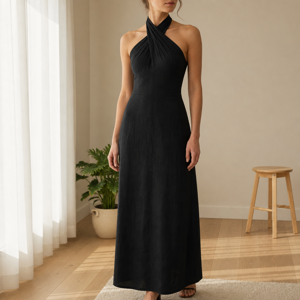 Lamego Linen Halter Maxi Dress in Black