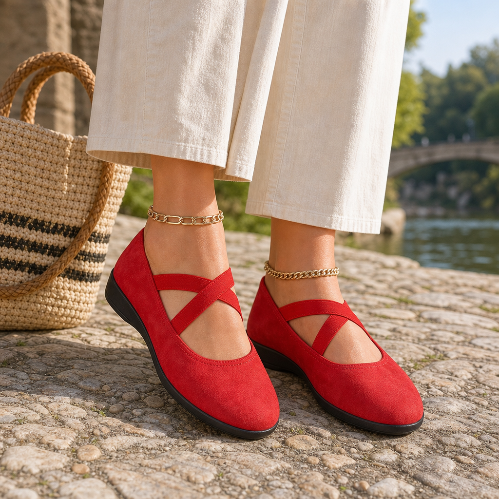 Larnaca Orthopedic Cross Strap Ballet Flats in Red