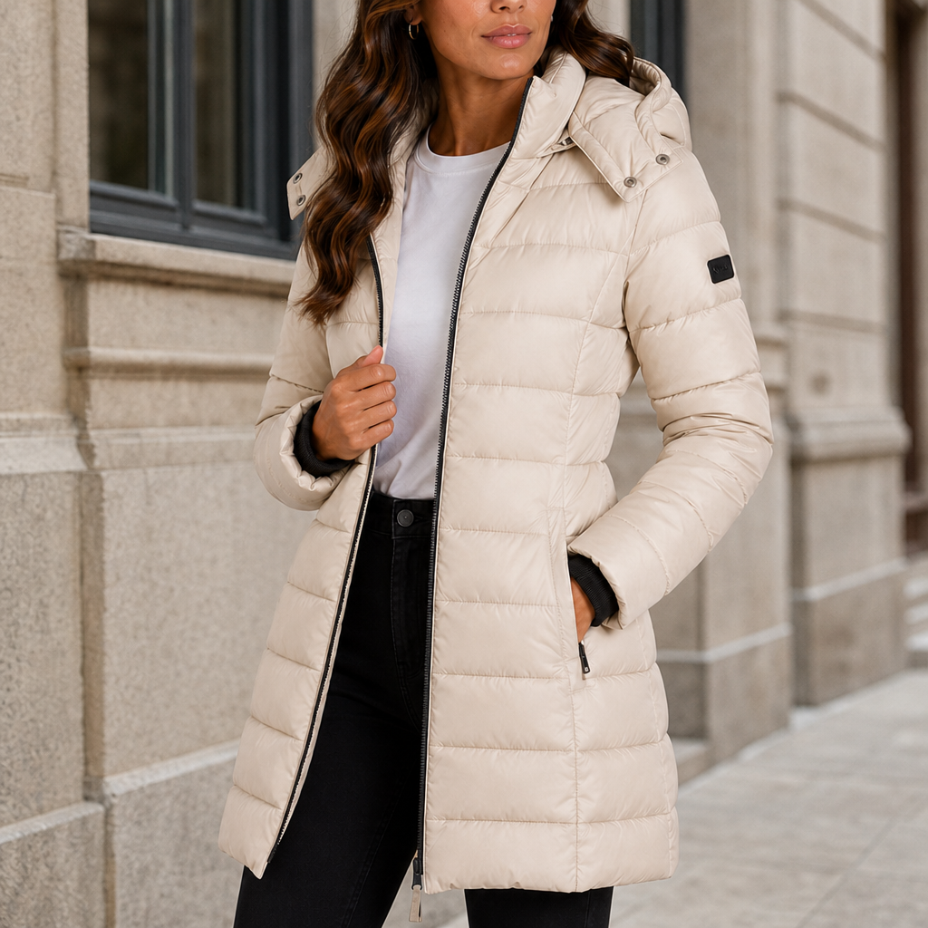 Lecce Long Hooded Puffer Coat in Beige