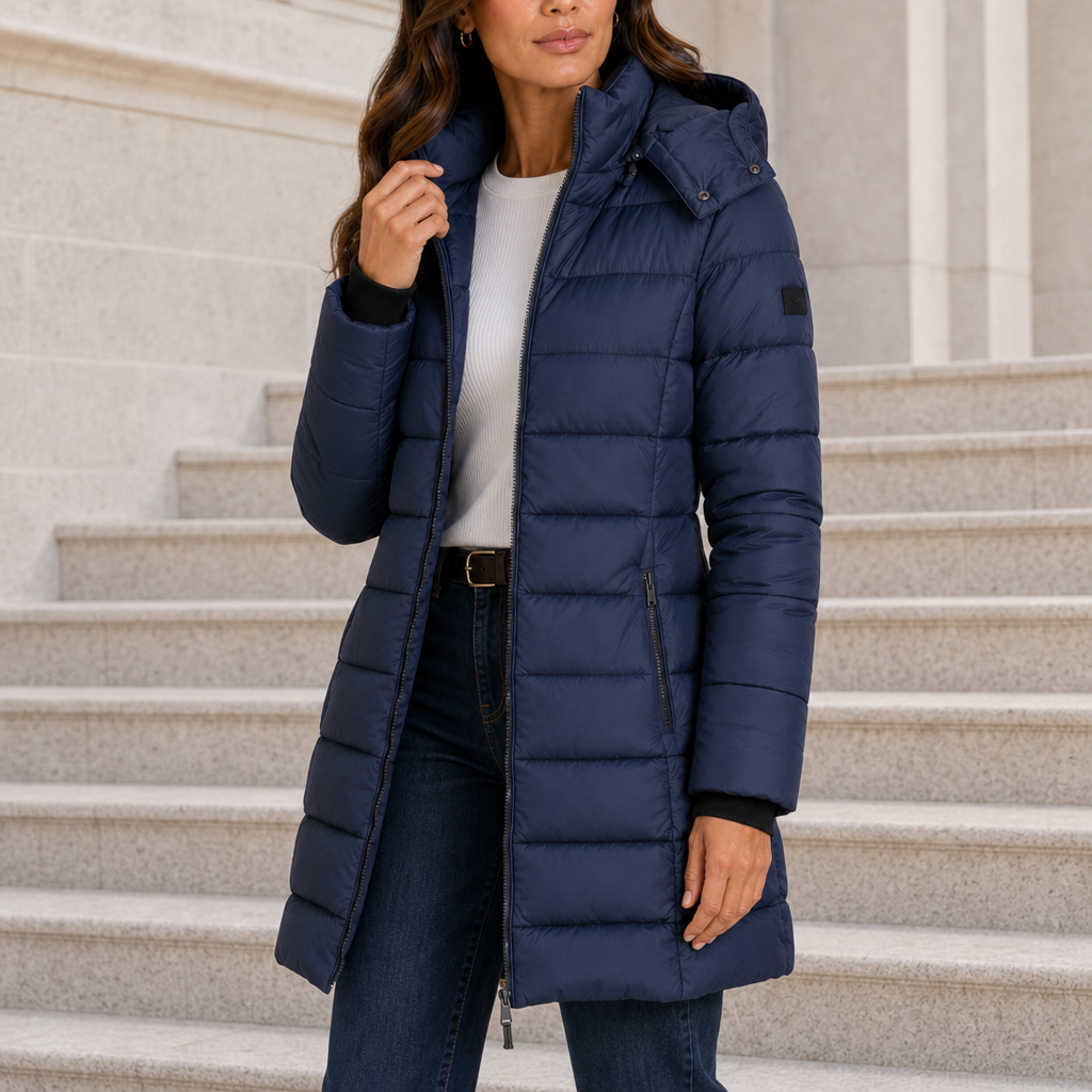 Lecce Long Hooded Puffer Coat in Navy