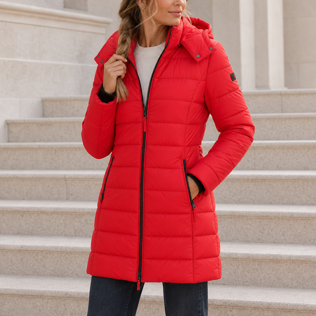 Lecce Long Hooded Puffer Coat in Red