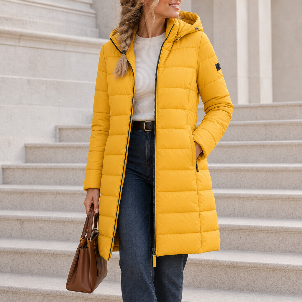 Lecce Long Hooded Puffer Coat in Yellow