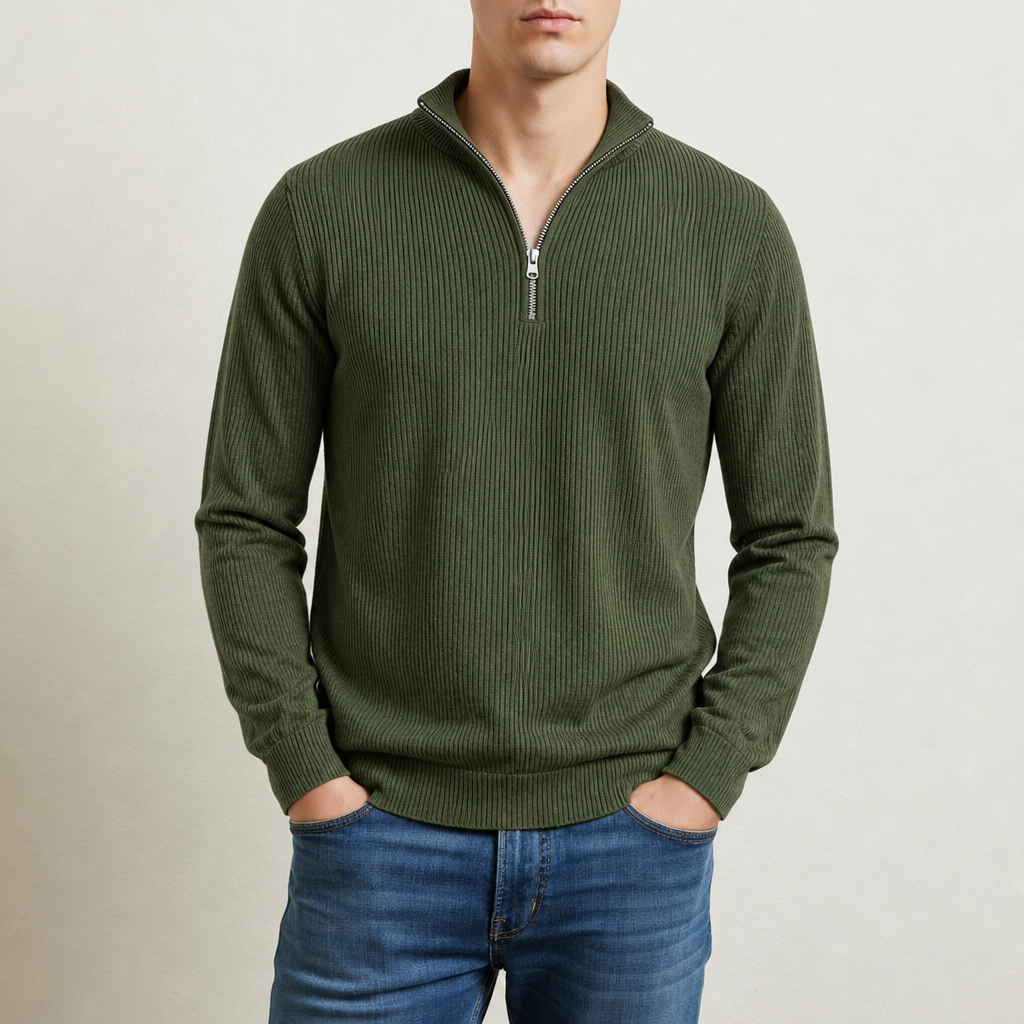 Limassol Ribbed Quarter-Zip Sweater in Olive green