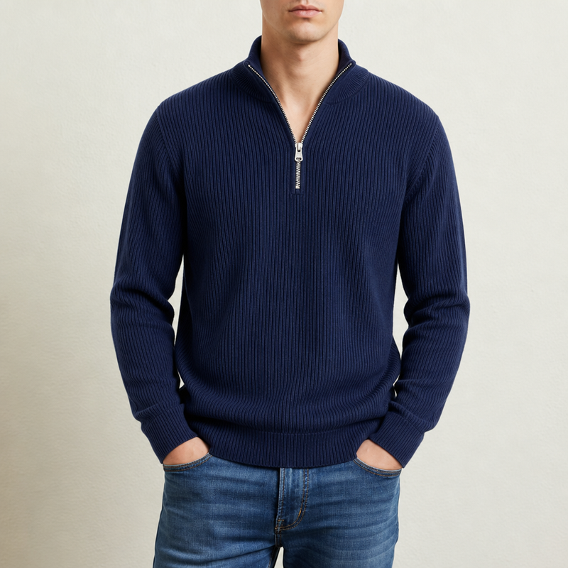 Limassol Ribbed Quarter-Zip Sweater in Navy