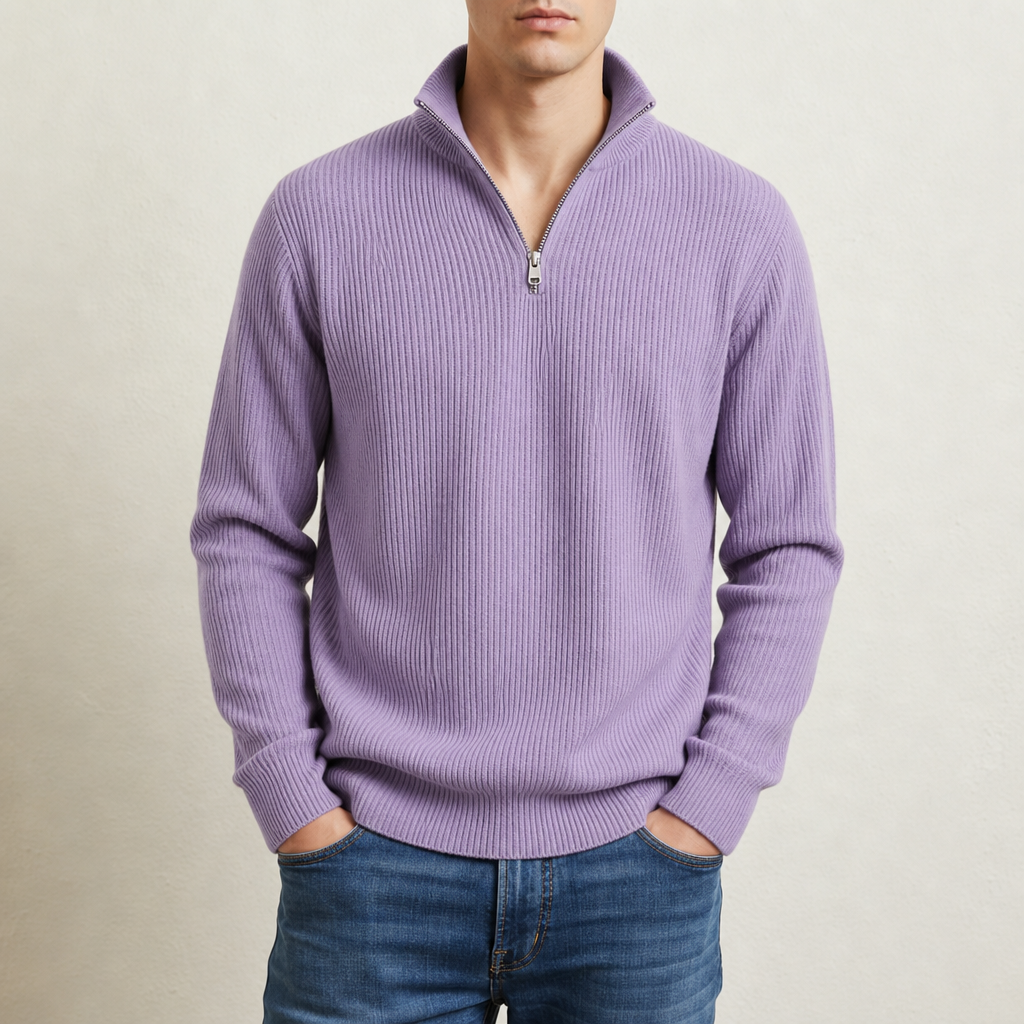 Limassol Ribbed Quarter-Zip Sweater in Purple
