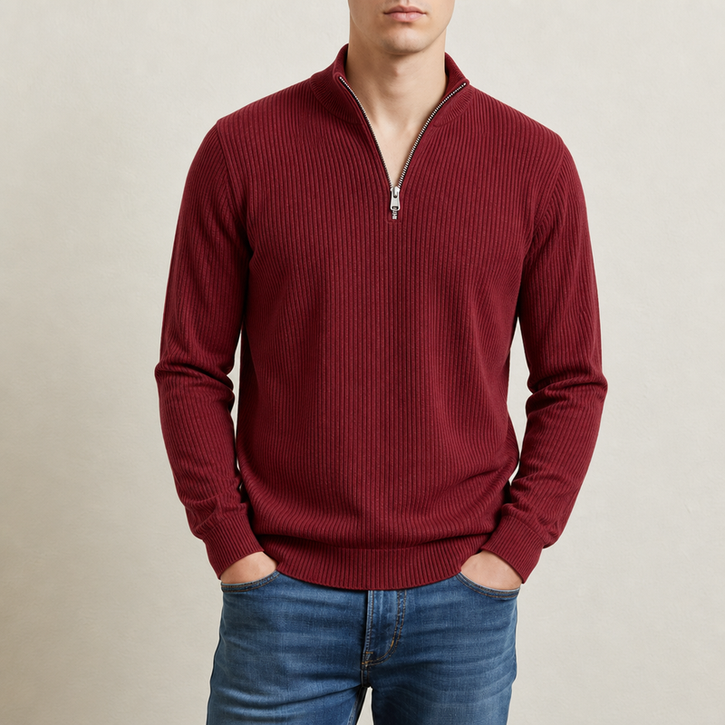 Limassol Ribbed Quarter-Zip Sweater in Red
