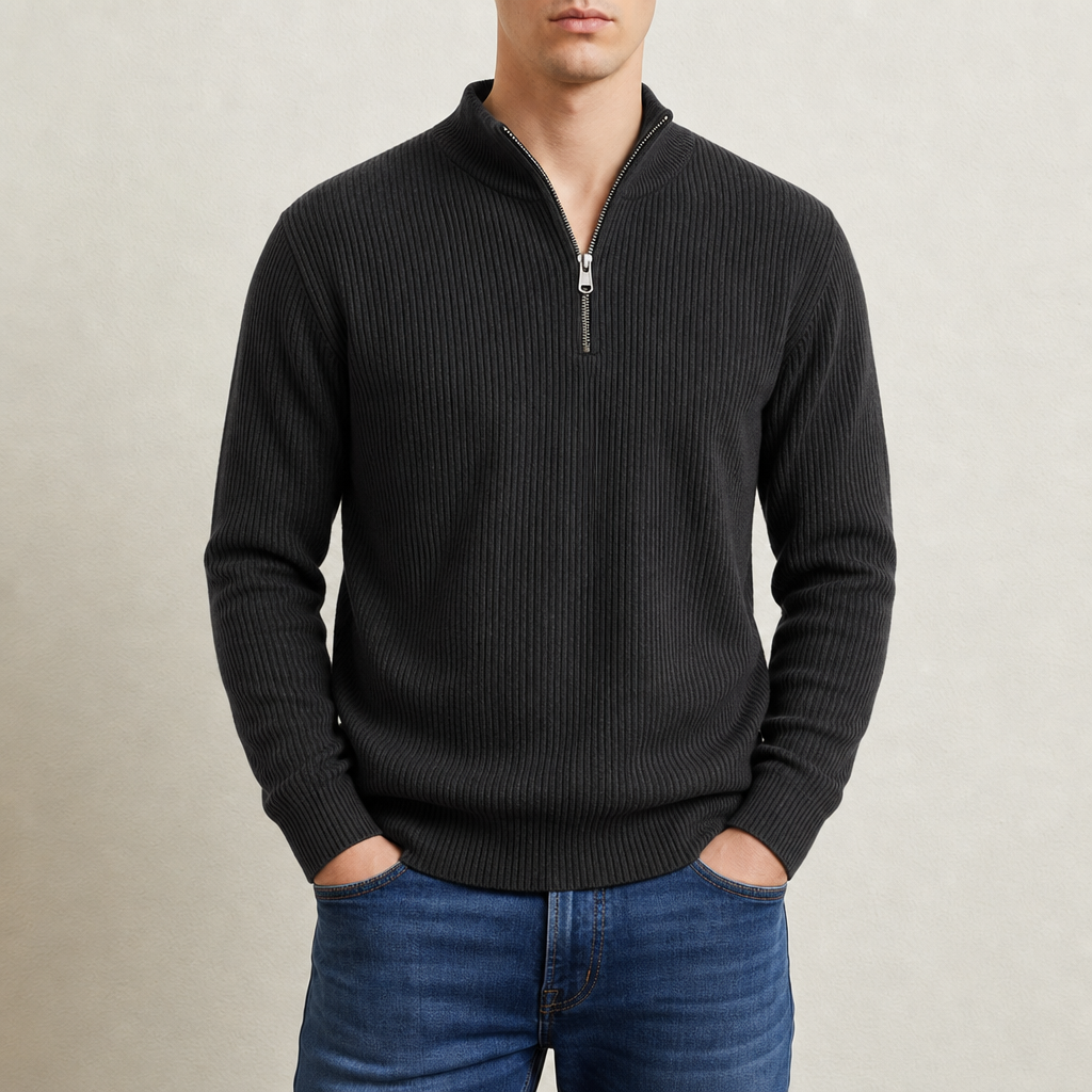 Limassol Ribbed Quarter-Zip Sweater in Black