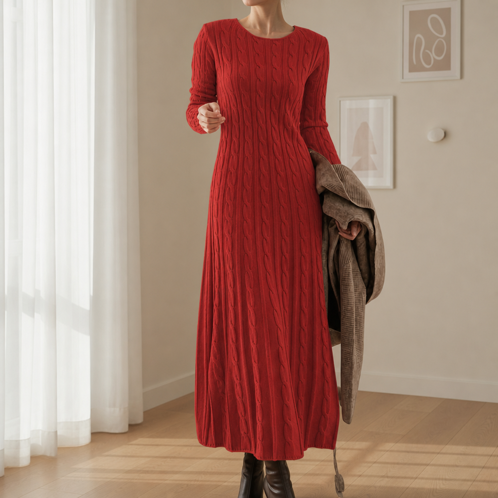 Lourmarin Cable-Knit Maxi Dress in Red