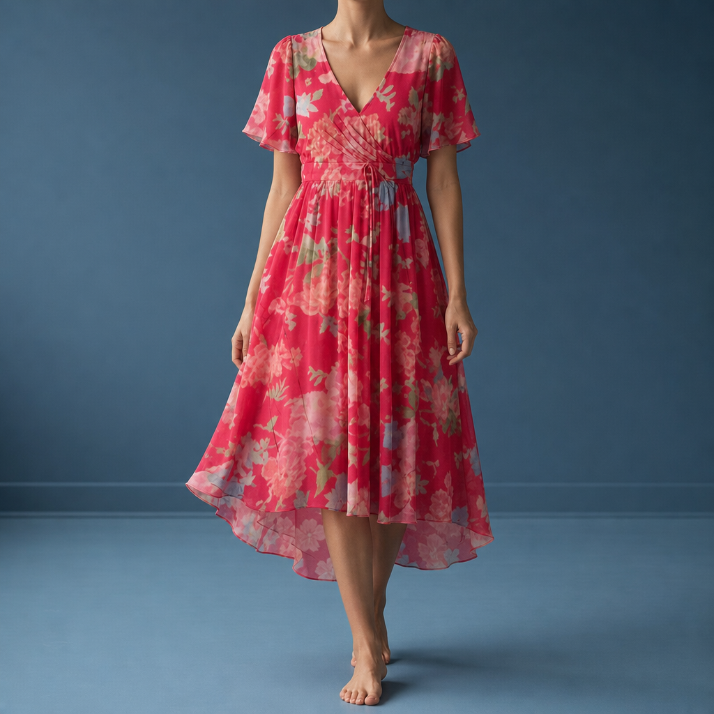 Malaga Floral Flutter Sleeve Dress in Red