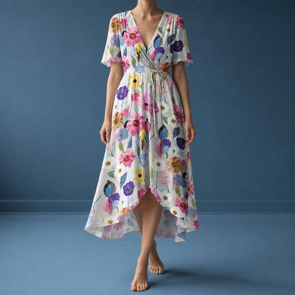 Malaga Floral Flutter Sleeve Dress in White Floral