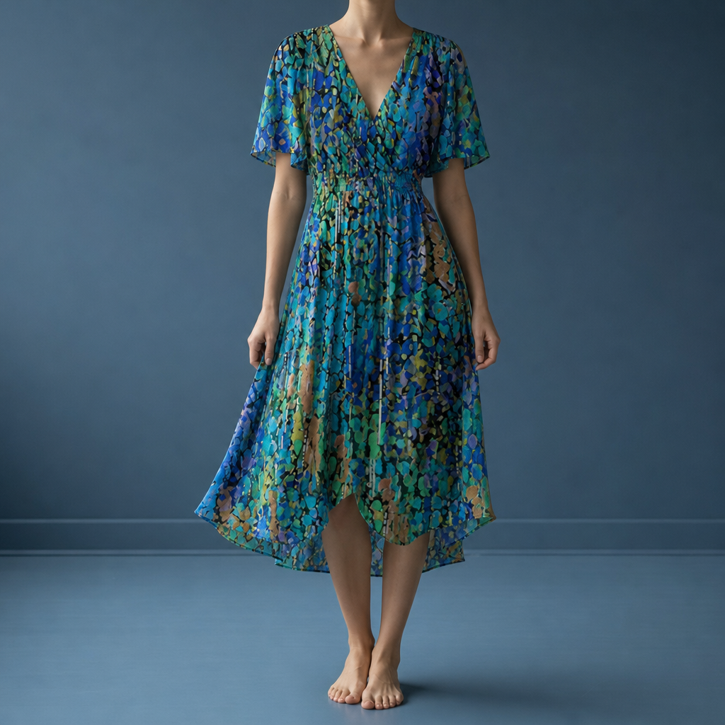 Malaga Floral Flutter Sleeve Dress in Blue/Green