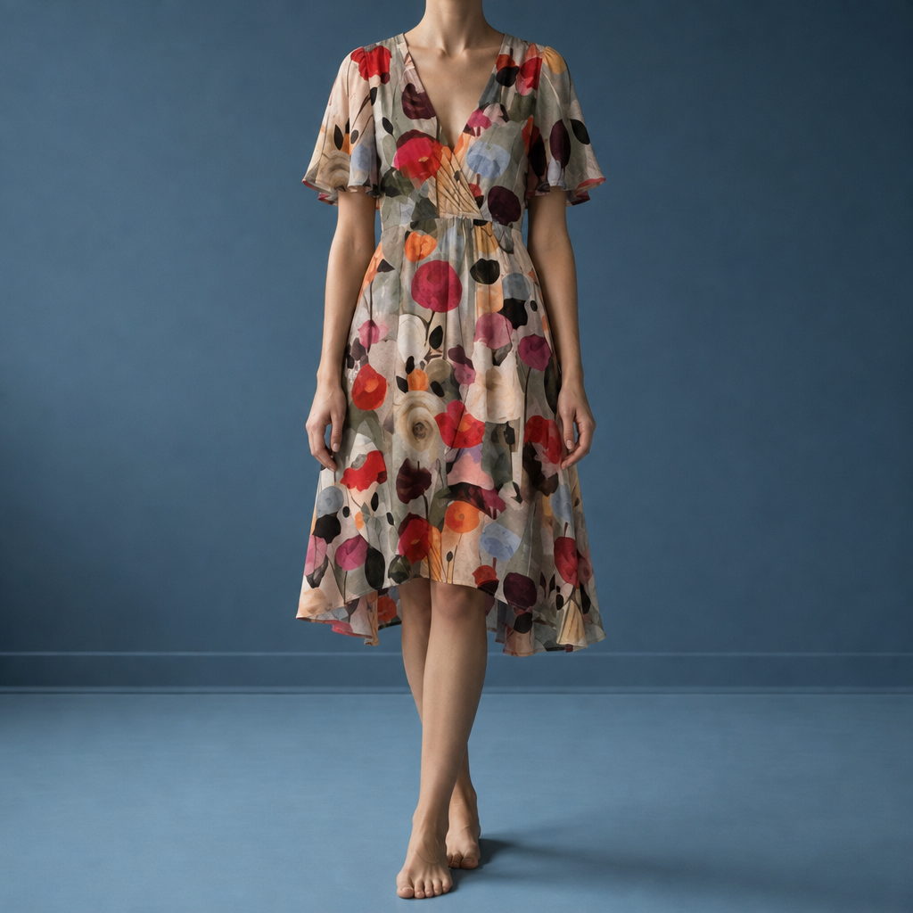 Malaga Floral Flutter Sleeve Dress in Brown Floral