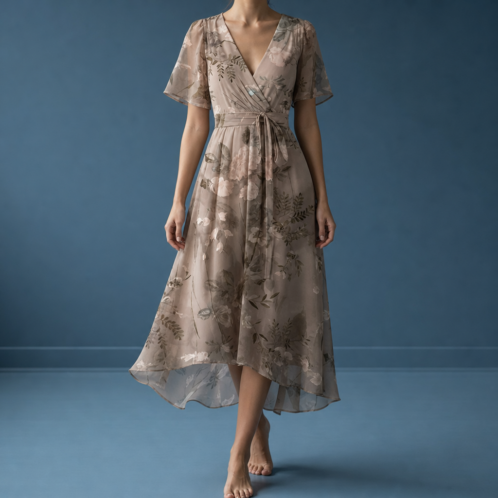Malaga Floral Flutter Sleeve Dress in Light Brown