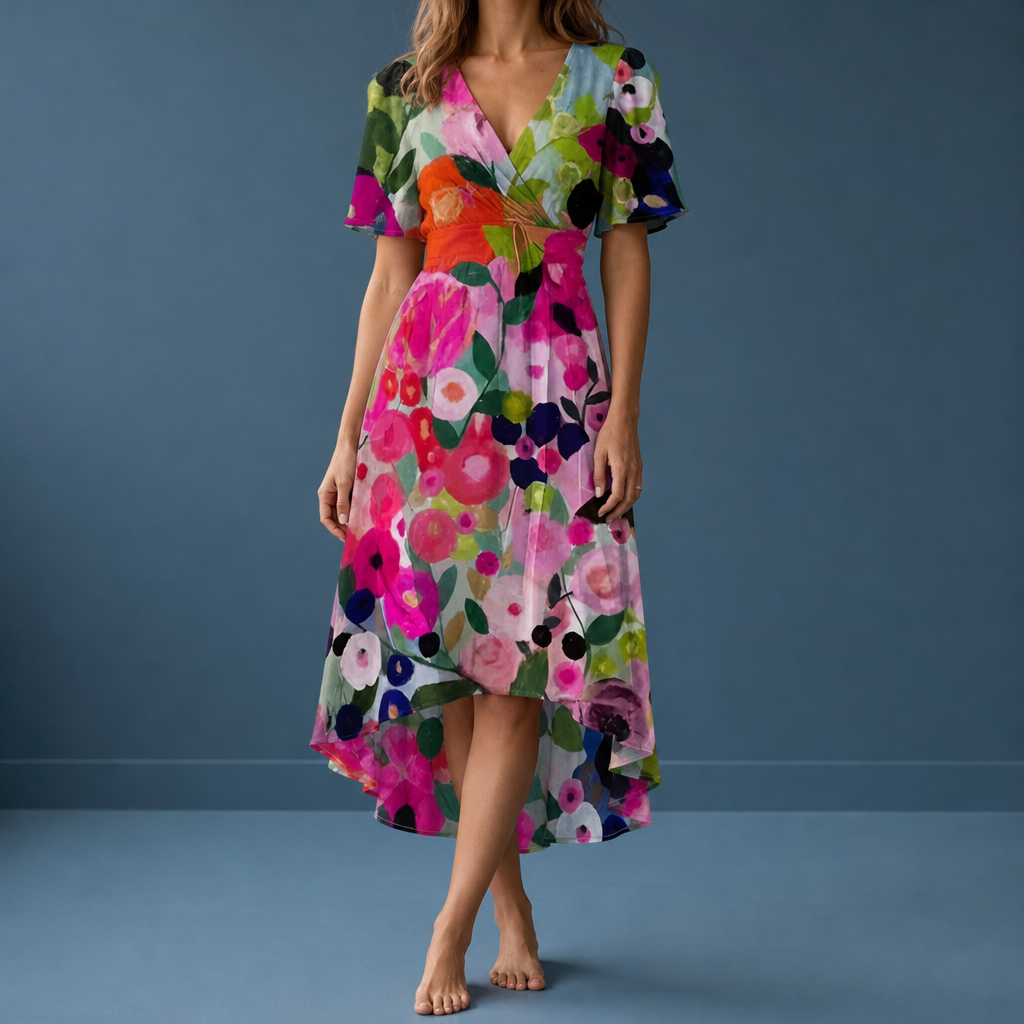 Malaga Floral Flutter Sleeve Dress in Multi Color Floral