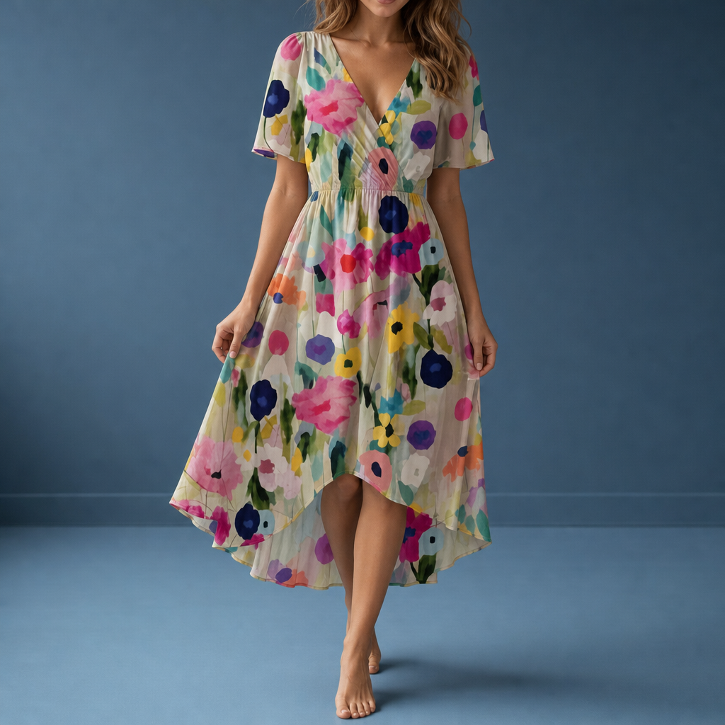 Malaga Floral Flutter Sleeve Dress in Beige Color Floral