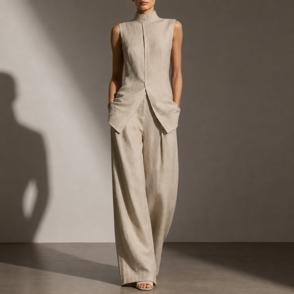 Malaga Linen Mock Neck Pant Set in Beige