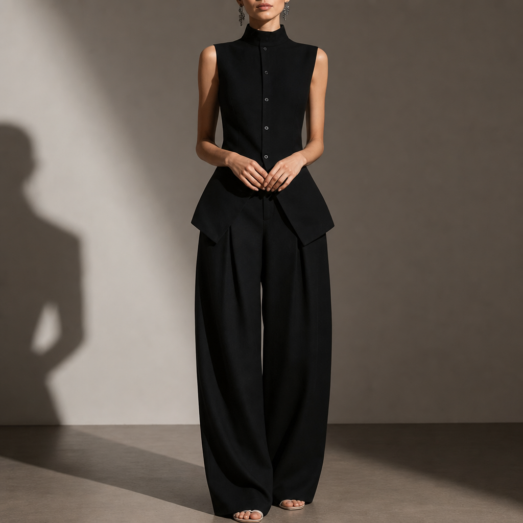 Malaga Linen Mock Neck Pant Set in Black