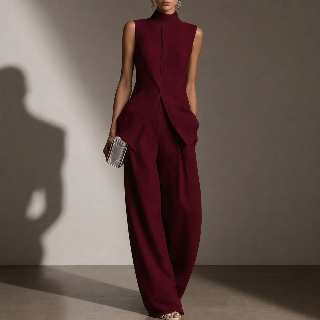 Malaga Linen Mock Neck Pant Set in Red