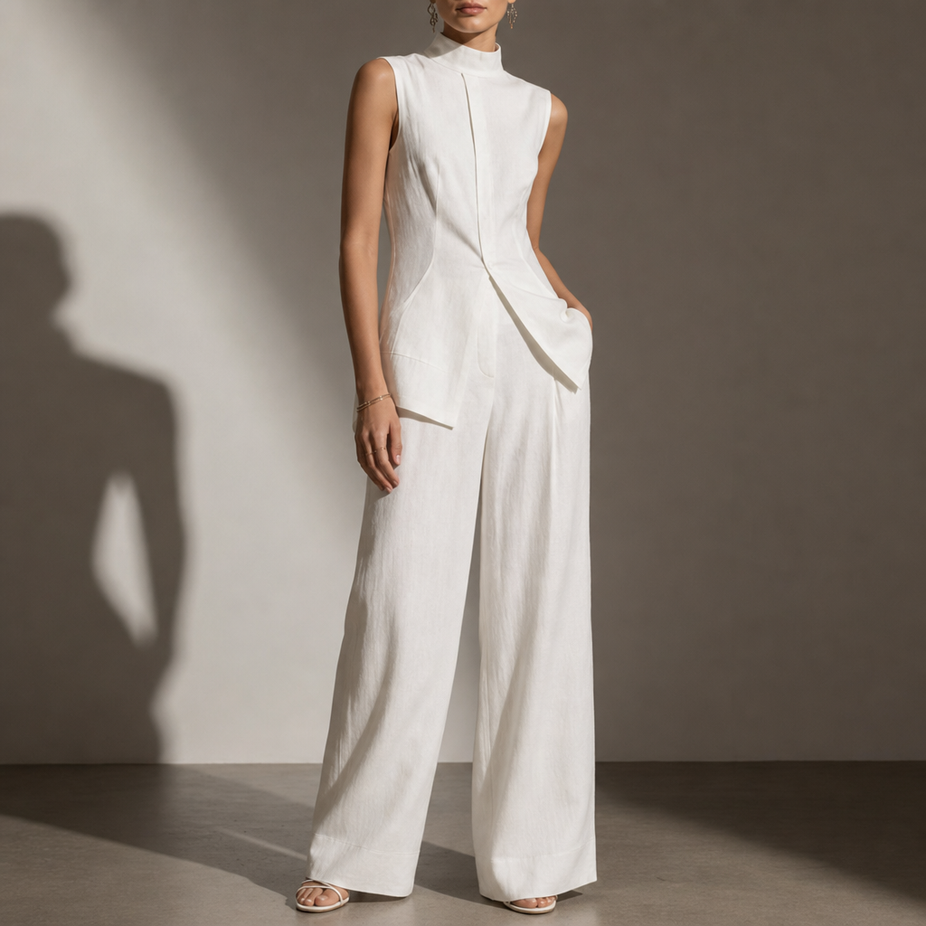 Malaga Linen Mock Neck Pant Set in White