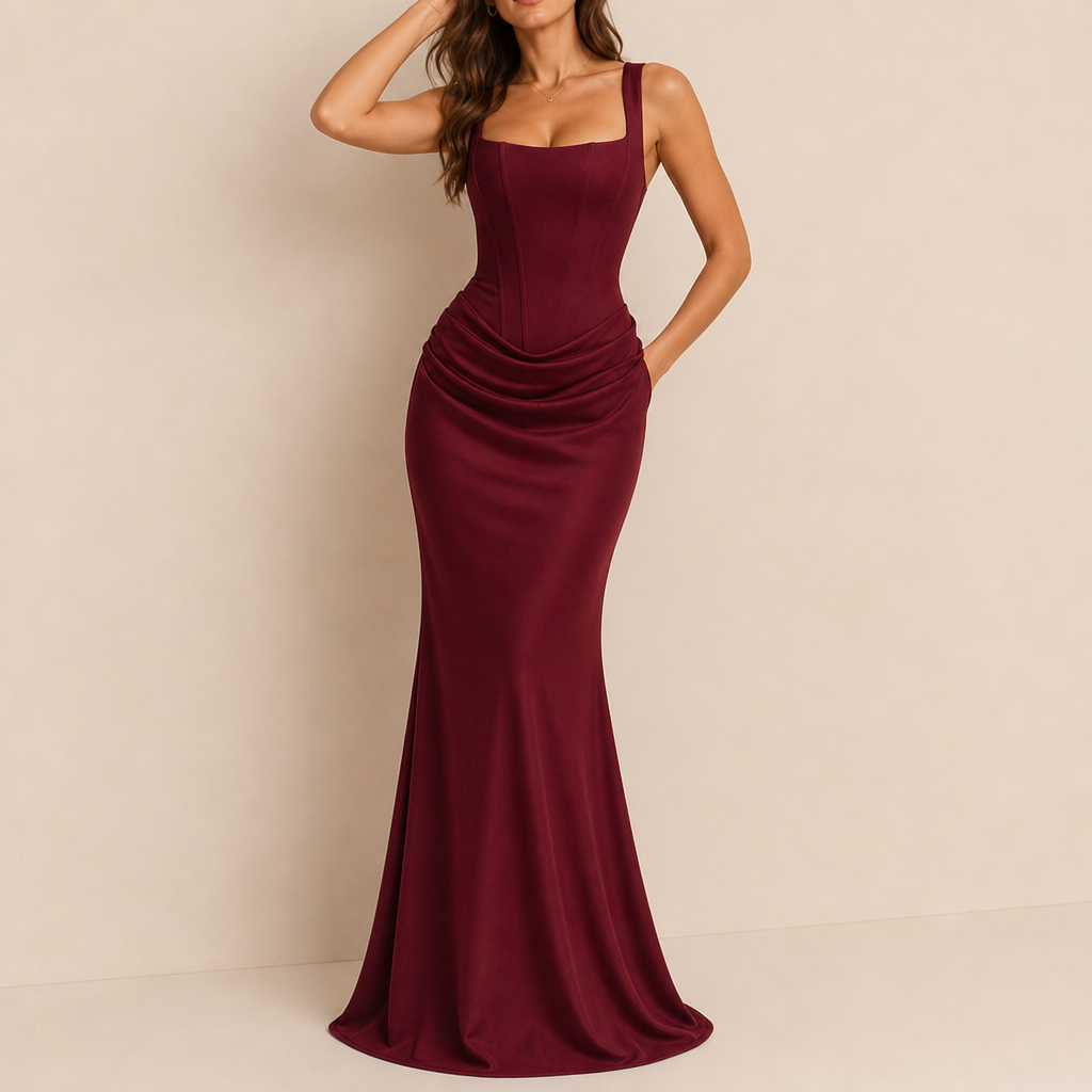 Marbella Corset Ruched Maxi Dress in Burgundy